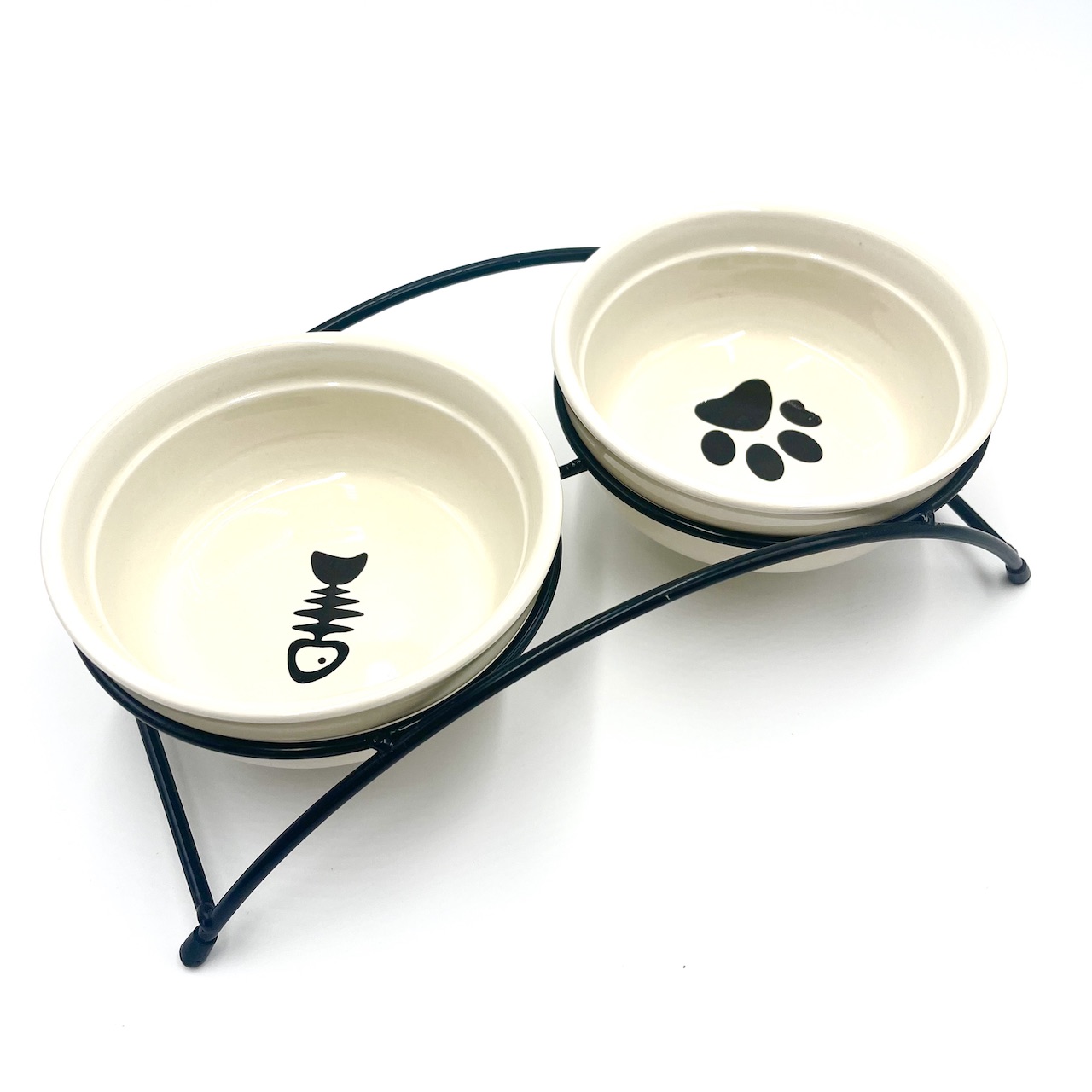 Fish Bone & Paw Print Ceramic Bowl Feeder with Holder Dual Use